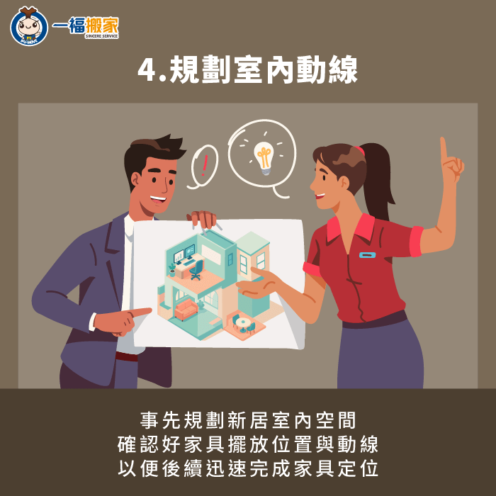 搬家前,建議先規劃好新居的室內動線及家具擺放位置,以便後續能將家具、物品歸位 規劃室內空間動線與家具擺放位置-結婚 搬家